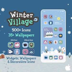 May include: A digital illustration promoting a "Winter Village" theme for a phone. The image shows a phone screen with custom icons and widgets, along with the text "500+ Icons" and "35+ Wallpapers". The background is a snowy scene.