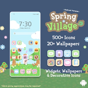 以下が含まれることがあります： スマートフォン画面には、カスタムアイコン、ウィジェット、壁紙を備えた「Spring Village」テーマが表示されています。画面には、7:30、3月22日金曜日と表示されています。このテーマには、500以上のアイコンと20の壁紙、装飾要素が含まれています。