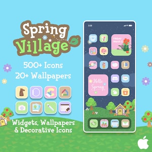 以下が含まれることがあります： スマートフォン画面には、春をテーマにしたパステルアイコンのカスタムホーム画面が表示されています。画像には「Spring Village」、「500+ Icons」、「20+ Wallpapers」というテキストが含まれています。装飾的なアイコンとウィジェットも表示されています。