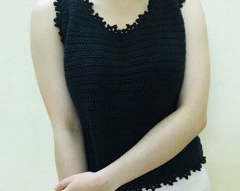 Crochet Tank Top Pattern - Crochet Black Round Neck Tank Top With Lace Edge Pattern