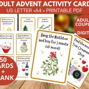 Advent-activiteitenkaarten voor volwassenen voor volwassenen, stellen en partners.  DIY-adventskalender met blanco bonuskaarten. Afdrukbare pdf-download.