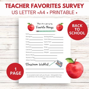 Teacher Favorite Things Survey, Gift Appreciation Questionnaire, Back to School Printable