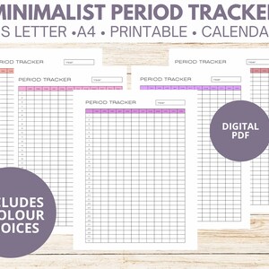 May include: Printable minimalist period tracker calendar in US Letter or A4 size. The calendar has a year section and a grid for tracking periods. The image shows three different color options for the calendar: pink, purple, and red.