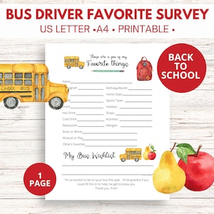 Bus Driver Favorite Things Survey, Gift Appreciation Questionnaire, Back to School Printable