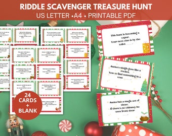 Indoor Christmas Treasure Hunt Clues. Scavenger Hunt Riddles. Printable Download Cards.