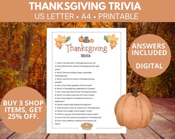 May include: A printable Thanksgiving trivia game with 15 questions about the holiday. The game features a festive autumn leaf design and a pumpkin illustration. Answers are included.