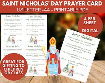 Saint Nicholas Day Gift Prayer cards for kids, class, homeschool, school or church.  Printable PDF
