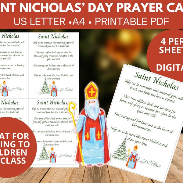 Saint Nicholas Day Gift Prayer cards for kids, class, homeschool, school or church.  Printable PDF