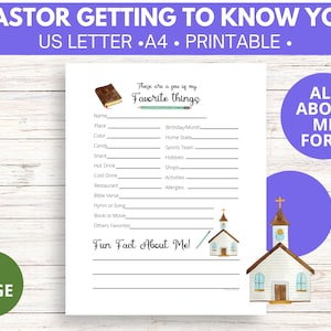 May include: Printable "All About Me" form with a church illustration and a book icon. The form includes sections for name, place, color, candy, snack, hot drink, cold drink, restaurant, Bible verse, hymn or song, book or movie, other favorites, and fun facts.