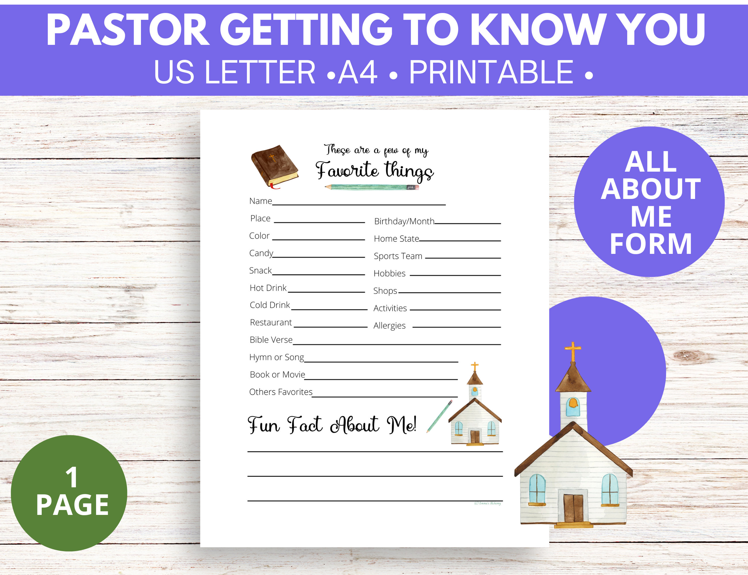 Pastor Getting To Know You Favorite Things Survey, Gift Appreciation Questionnaire for Clergy. Wedding, baptism, Christening ideas.