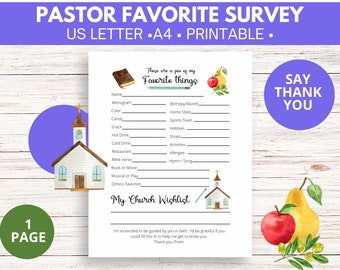 Pastor Favorite Things Survey, Gift Appreciation Questionnaire for Clergy, Gift ideas for Wedding, baptism, Christening, funeral, church