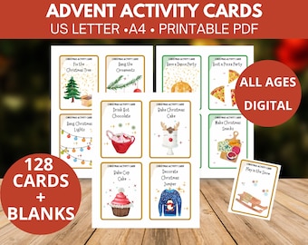 Advent Activity Cards for kids, teens or adults Advent Calendar with bonus blank cards. Printable pdf download.