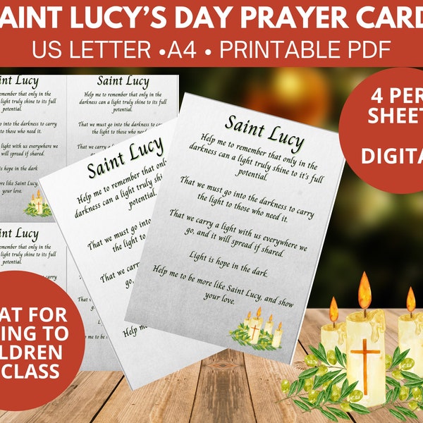 Saint Lucy’s Day Gift Prayer cards for kids, class, homeschool, school. church or stocking filler.  Printable PDF