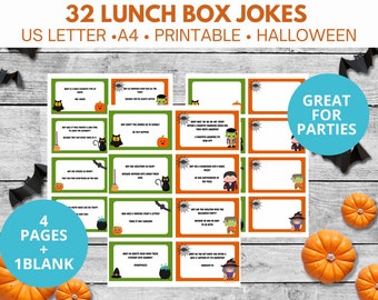 Kids Halloween Lunch box Jokes. 32 children’s printable notes with one blank page. Great for parties, teachers or trick or treat!