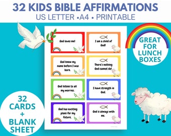 Kids Bible affirmations Lunchbox Cards. 32 children’s positive notes with one blank editable page.