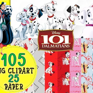 Könnte beinhalten: Ein digitaler Download von 105 PNG-Clipart-Bildern und 25 digitalen Papieren mit Charakteren aus dem Disney-Film 101 Dalmatiner. Die Bilder beinhalten Cruella de Vil, Dalmatiner-Welpen und verschiedene Muster.