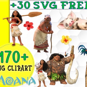 May include: A digital clipart set featuring characters from the animated film Moana. The set includes Moana, Maui, Gramma Tala, Pua the pig, Hei Hei the rooster, and a hook. The text "170+ PNG CLIPART" and "+30 SVG FREE" is also included in the image.