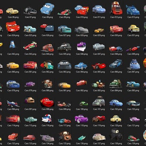 Puede incluir: Una colecci&oacute;n de 120 personajes de coches de dibujos animados de la pel&iacute;cula Cars de Disney Pixar. Los personajes est&aacute;n dispuestos en una cuadr&iacute;cula sobre un fondo negro. Los coches son de varios colores, incluyendo rojo, azul, verde, amarillo y morado.