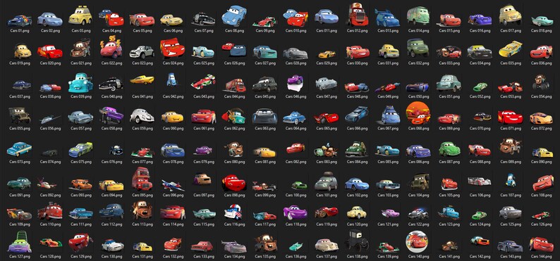 Puede incluir: Una colecci&oacute;n de 120 personajes de coches de dibujos animados de la pel&iacute;cula Cars de Disney Pixar. Los personajes est&aacute;n dispuestos en una cuadr&iacute;cula sobre un fondo negro. Los coches son de varios colores, incluyendo rojo, azul, verde, amarillo y morado.