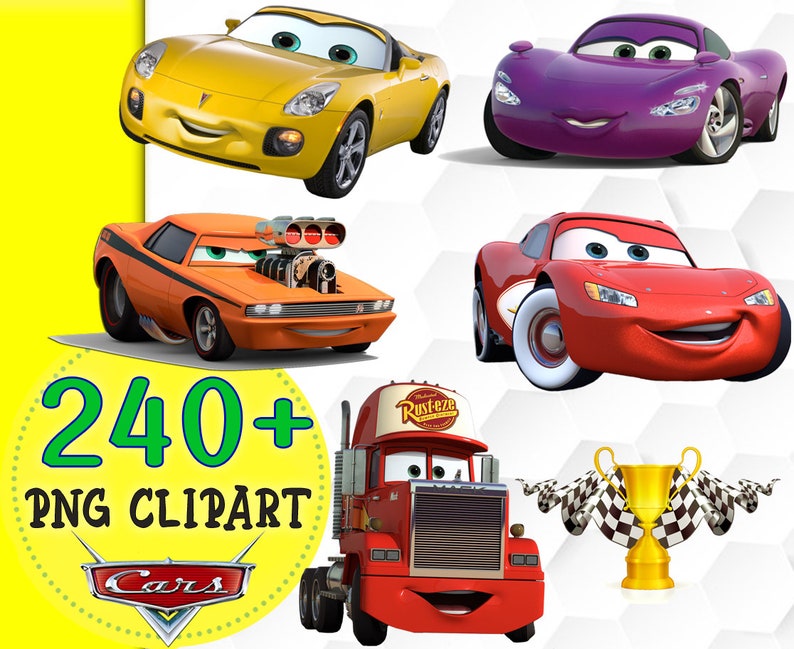 Puede incluir: Una colecci&oacute;n de personajes de coches de dibujos animados de la pel&iacute;cula Cars de Disney Pixar. Los personajes incluyen Rayo McQueen, Mate y otros. Tambi&eacute;n hay una bandera a cuadros y un trofeo.