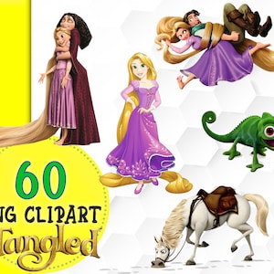 May include: A set of 60 Tangled-themed PNG clipart images. The images feature characters from the movie, including Rapunzel, Flynn Rider, Mother Gothel, and Pascal the chameleon. The images are perfect for creating crafts, scrapbooking, and other creative projects.