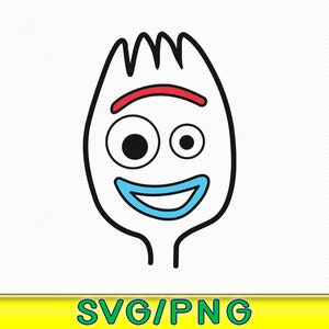 May include: A black and white line drawing of a cartoon character with a red eyebrow, blue mouth, and two large black eyes. The character is shaped like a fork.