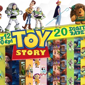 May include: A set of 20 digital papers featuring characters from the Toy Story movie franchise. The papers are 12x12 inches and 300 dpi. The characters include Woody, Buzz Lightyear, Jessie, and Rex. The papers are perfect for scrapbooking, card making, and other craft projects.