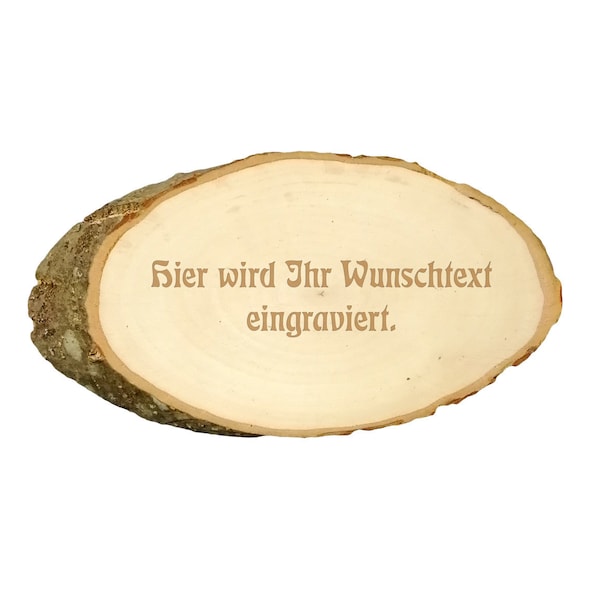 Baumscheibe Holzscheibe oval mit eigener Gravur, individuell personalisiert mit deinem Wunschtext auf Holz.