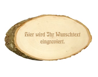 Baumscheibe Holzscheibe oval mit eigener Gravur, individuell personalisiert mit deinem Wunschtext auf Holz.