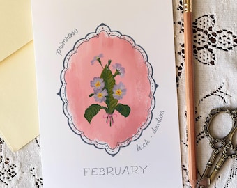 February Birth Month Flower Greeting Card - Primrose Vintage Flower Birthday Card – Botanical Gift