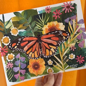 Monarch Butterfly Garden Collage Art Print | Nature-Inspired Mixed Media Wall Decor, Botanical Butterfly Illustration, Blooming Garden Art