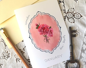 January Birth Month Flower Greeting Card - Carnation Flower Painting Birthday Card