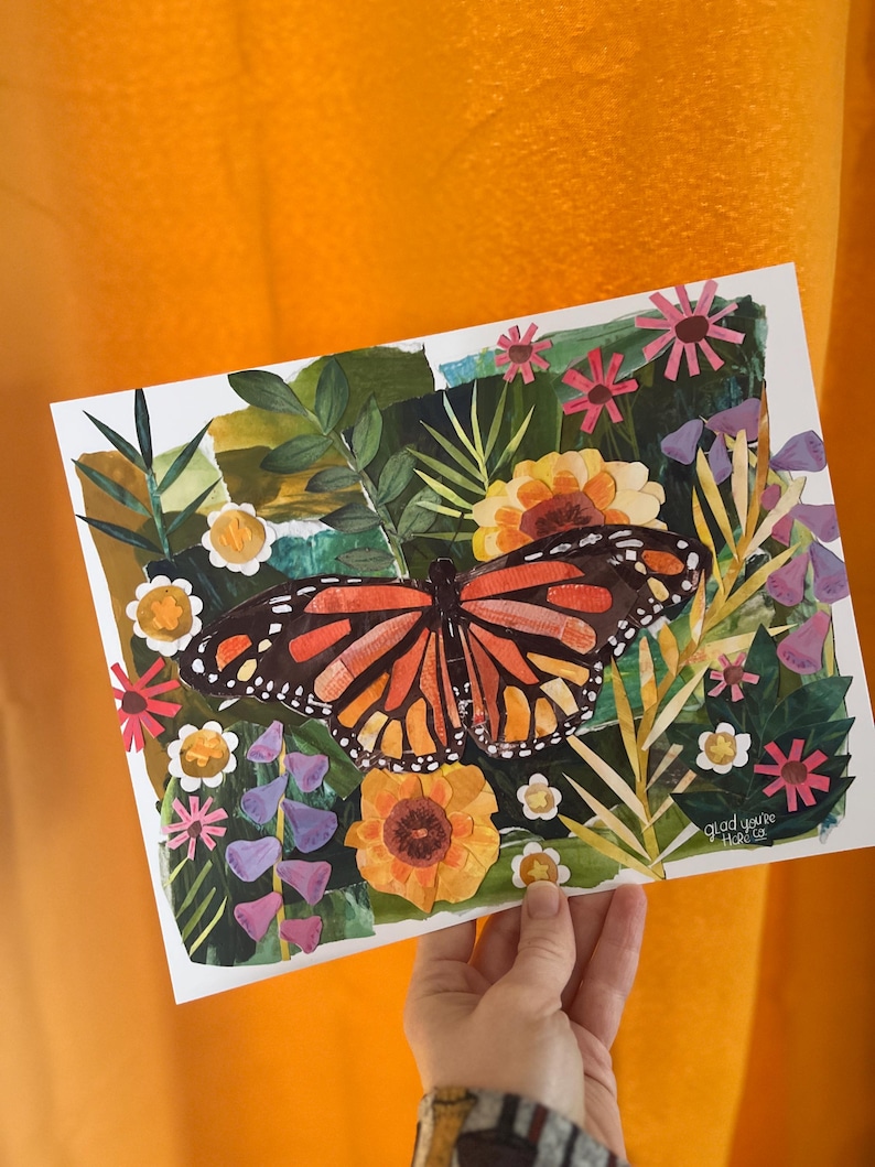 Monarch Butterfly Garden Collage Art Print | Nature-Inspired Mixed Media Wall Decor, Botanical Butterfly Illustration, Blooming Garden Art image 1
