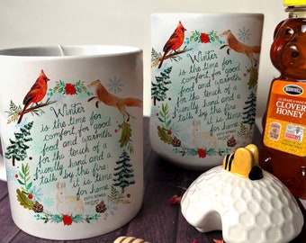 Winter Wonderland Ceramic Mug - Watercolor Woodland Animals & Cozy Quote - 11oz or 15oz - Your Choice of Color Inside