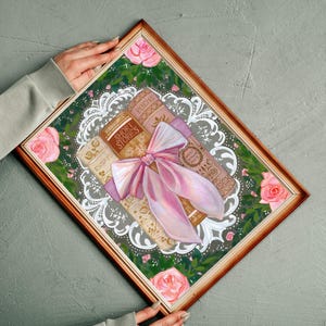 Impressão artística / cartão / cartão postal com laço rosa e livros | Presente romântico para ela | Amante de livros | Arte Cottagecore