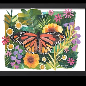 Monarch Butterfly Garden Collage Art Print | Nature-Inspired Mixed Media Wall Decor, Botanical Butterfly Illustration, Blooming Garden Art image 3