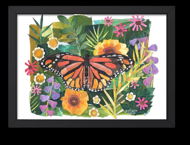 Monarch Butterfly Garden Collage Art Print | Nature-Inspired Mixed Media Wall Decor, Botanical Butterfly Illustration, Blooming Garden Art image 3