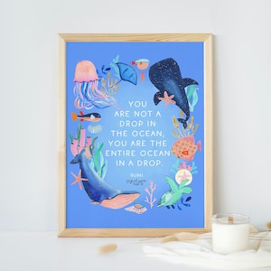 Sotto il mare, tema oceano, citazione di Rumi, stampa artistica/biglietto/cartolina