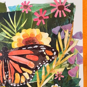 May include: A paper collage artwork featuring a large monarch butterfly with orange, black, and white wings positioned among various cut-out paper flowers in shades of pink, yellow, and purple, set against a layered green foliage background.