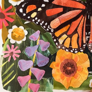 May include: A mixed-media collage artwork featuring a large monarch butterfly with black and orange wings positioned above a garden scene. The composition includes white daisies with yellow centers, a large orange flower, and purple bell-shaped flowers.