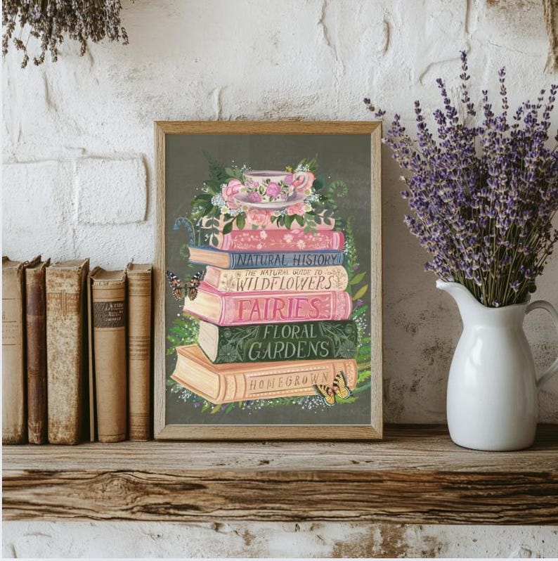 Floral Book Art | Reading Nook Decor for Book Lovers | Floral Teacup Wall Art Soft Bookish Vibes | Bookful Art for Home | Literature Teacher Bild 1