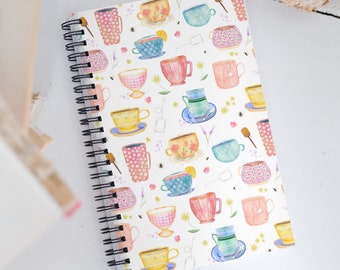 Whimsical Tea Time Journal: Watercolor Tea Cups and Nature's Harmony Dotted Spiral Notebook