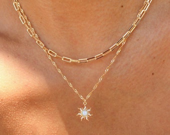 Cassie 18k Gold Filled Sun Charm Necklace, Opal Pendant, Gold Layering Chains, Star Charm Necklace, Dainty Celestial Jewelry, Gift Ideas