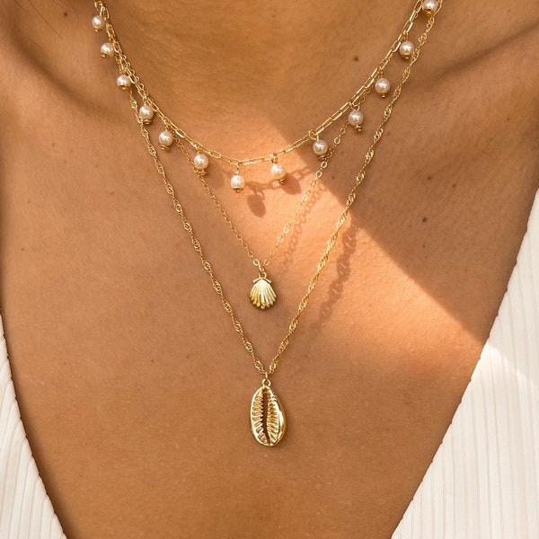 Calypso 18k Gold Filled Dainty Cowrie Shell Charm Necklace, Beach Shell Charm Pendant Necklace, Singapore Twist Chain, Sea Shell Necklace