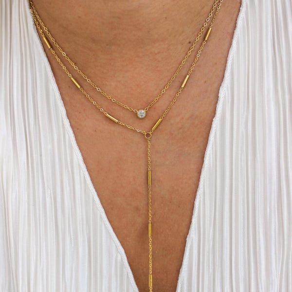 Gold Lariat Y Necklace, Gold Drop Dangle Chain, Bar Tube Chain Necklace, Dainty Gold Bridal Jewelry, Gold Dainty Lariat Chain, For Her Gift