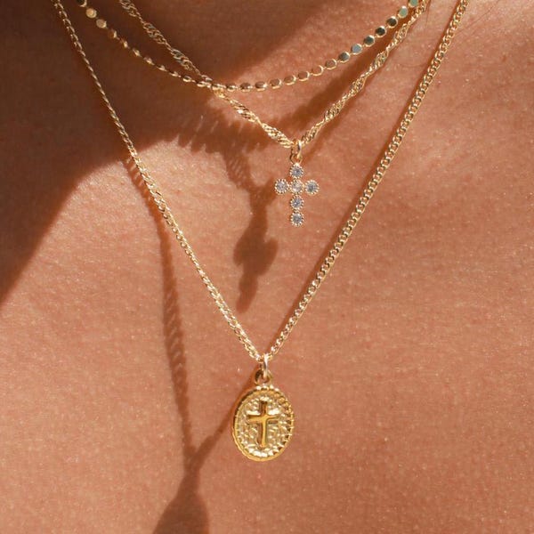 Gold Coin Cross Necklace, Cross Charm, Round Oval Coin Charm Necklace, Gold Religious Necklace Jewelry, Minimalist Chain Necklace