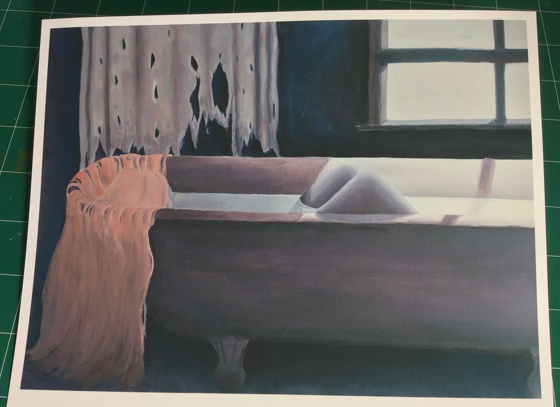 Art Print Girl in Tub Bathroom Painting Bath Tub Pink Hair Etsy