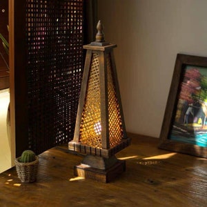 Vintage lamp bamboo& teak wood lighter triangle wicker basketry desk natural shade handmade thai art origin diy home