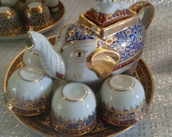 Antique pottery Elephent tea pot and  5pieces cups, tray ceramic set handpaint thai benjarong collection