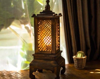 Vintage lamp bamboo and teak wood table  wicker basketry  contemporary art natural shade handmade thai  origin diy decorative
